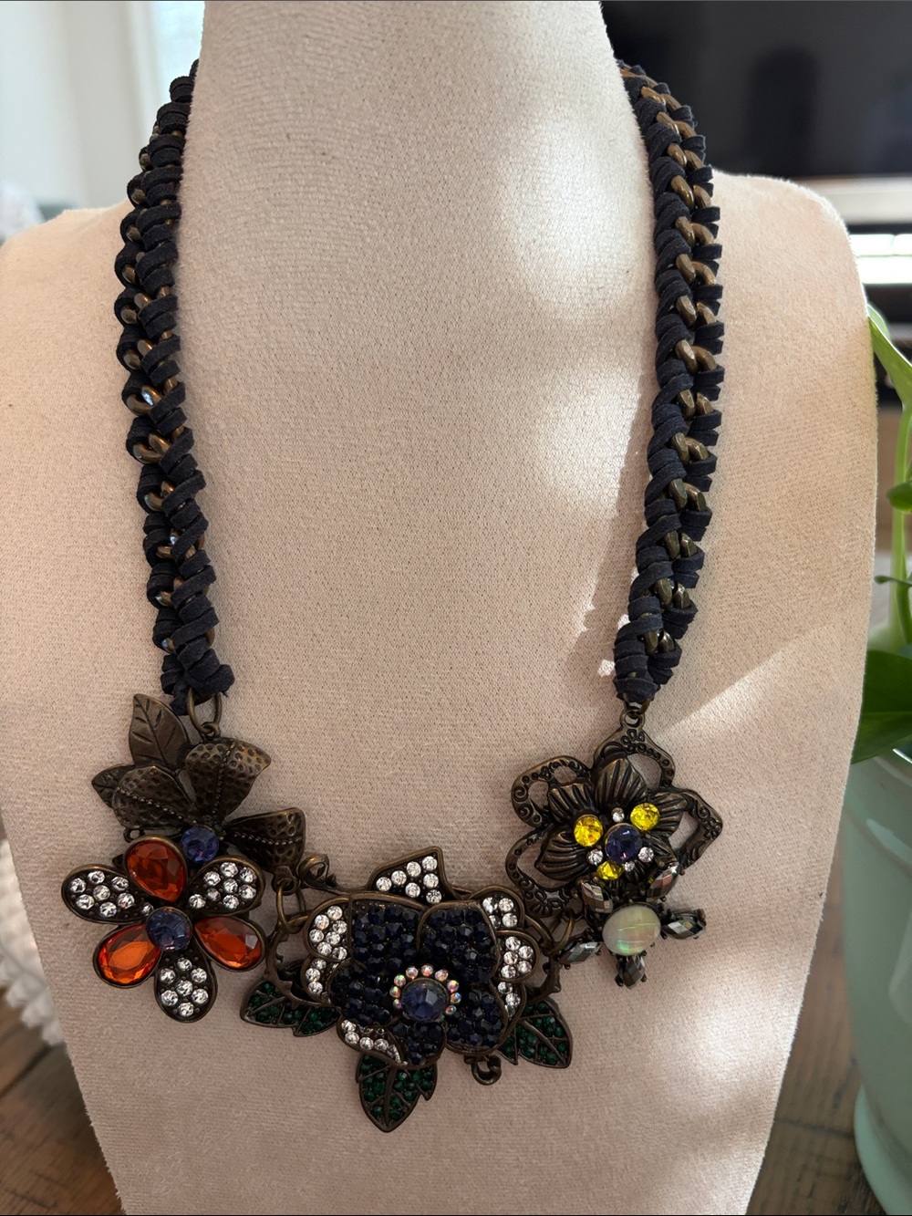 Plunder Black Braided Floral Statement Necklace with Multicolor Gems